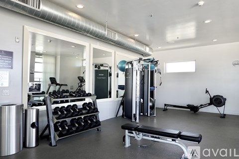 A gym with a variety of equipment including weights and a bench.