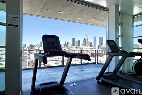 A treadmill and a stationary bike are available for use in a gym with a view of the city skyline.
