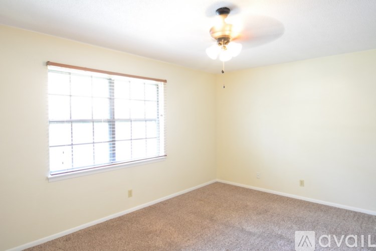 A room with a carpeted floor, a ceiling fan, and a window with blinds.
