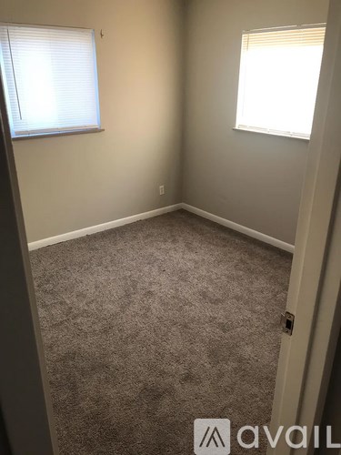 A carpeted room with a window and a door.