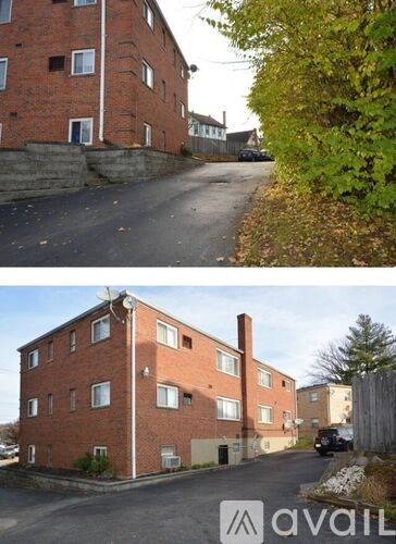 Two images of a red brick building with a black car parked in front.
