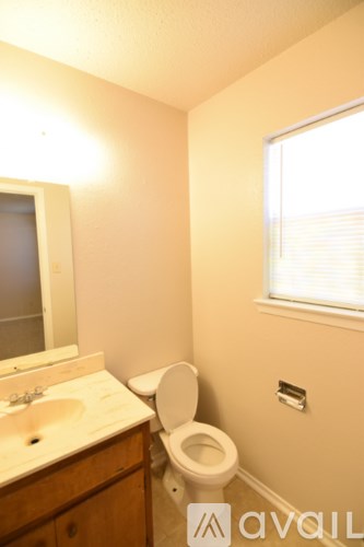 A bathroom with a toilet, sink, mirror, and window.