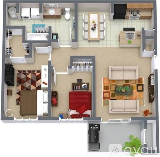 A top-down view of a house layout with a living room, kitchen, and dining area.