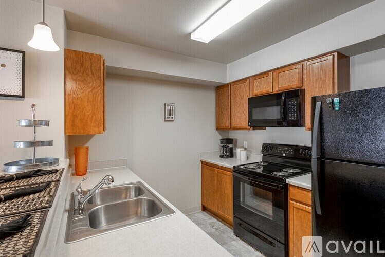 A kitchen with black appliances and wooden cabinets.