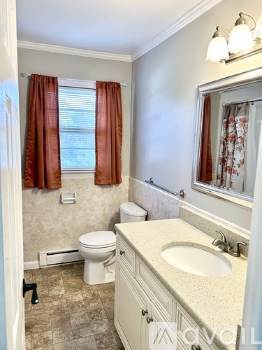 A bathroom with a toilet, sink, and window.
