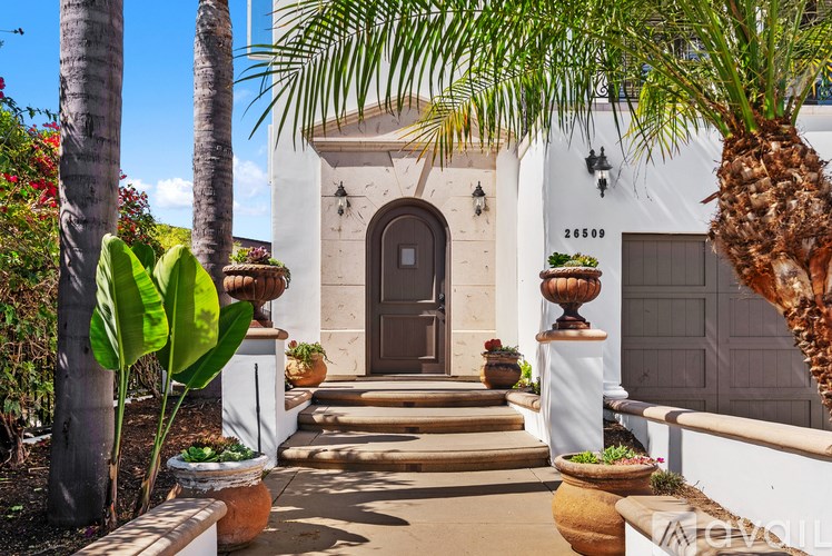 A white building with a black door and windows surrounded by green plants.
