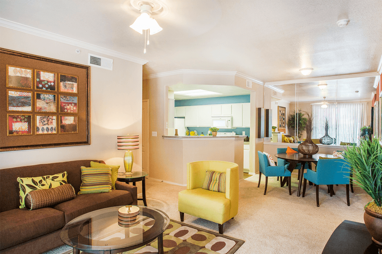 Grand Venetian model suite living area in Irving, Texas