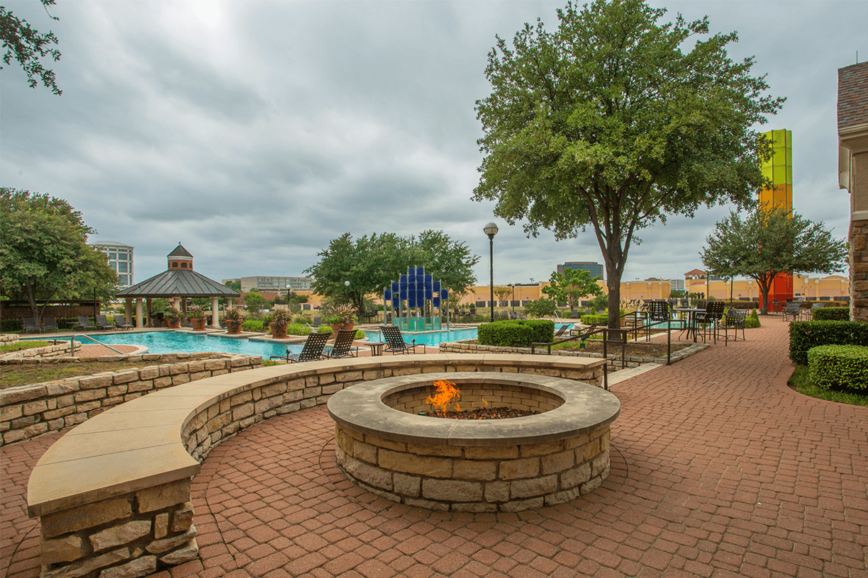 Grand Venetian apartments poolside fire pit in Irving, Texas