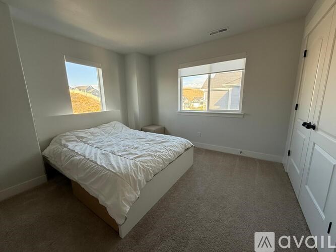A bedroom with a bed, carpeted floor, and two windows.