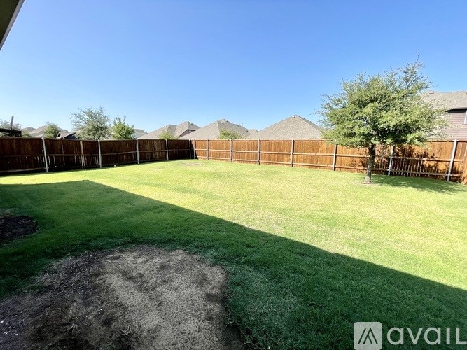 A backyard with a fence and a tree.