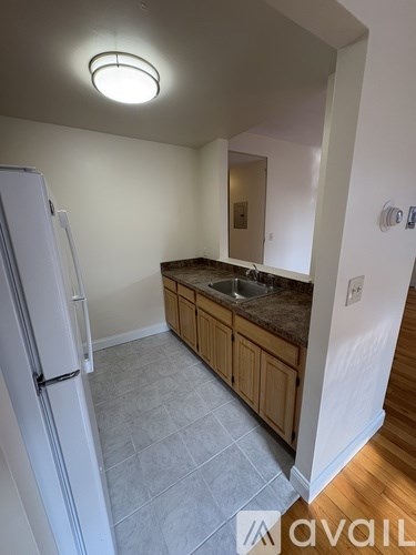 A kitchen with a white fridge and wooden cabinets.
