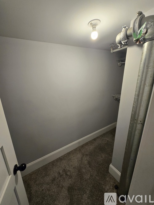 A room with a door and a light on the ceiling.