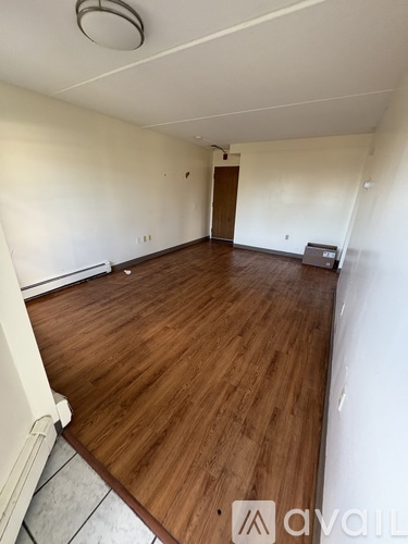 A room with wooden flooring and a door in the background.
