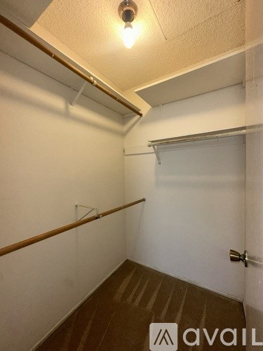 A room with a white door and a brown carpet.