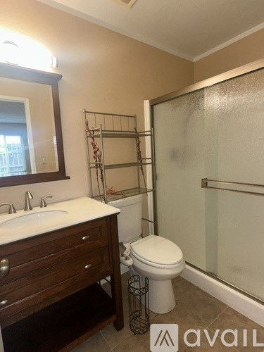 A bathroom with a toilet, sink, and walk-in shower.