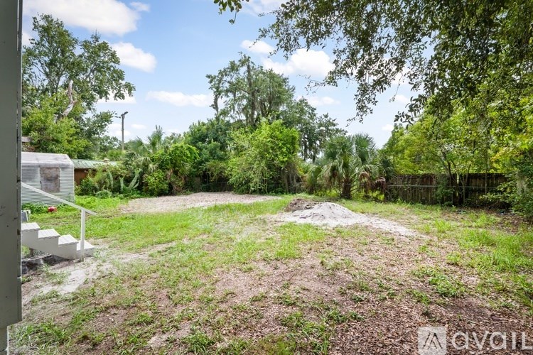 A backyard with a dirt area and trees.
