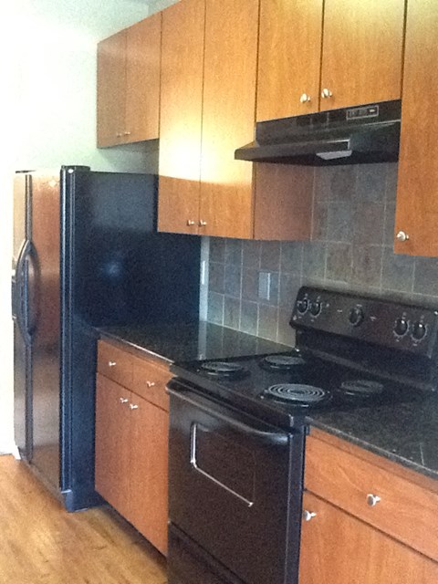A black refrigerator and stove in a kitchen with wooden cabinets.