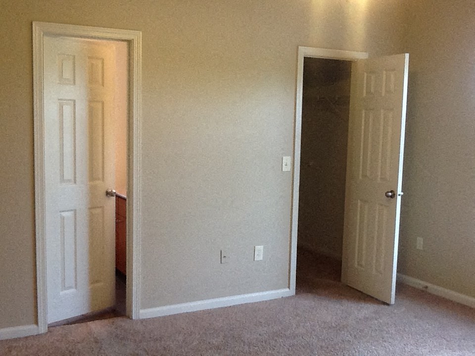 Two white doors in a room with carpet flooring.