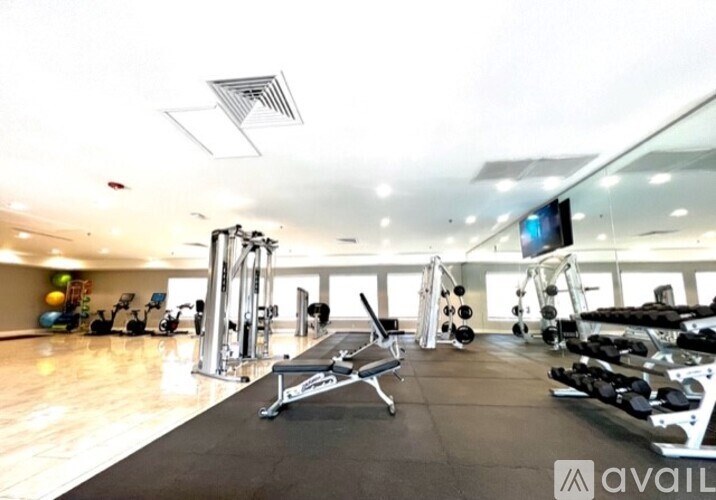 A gym with a variety of equipment including weights and cardio machines.