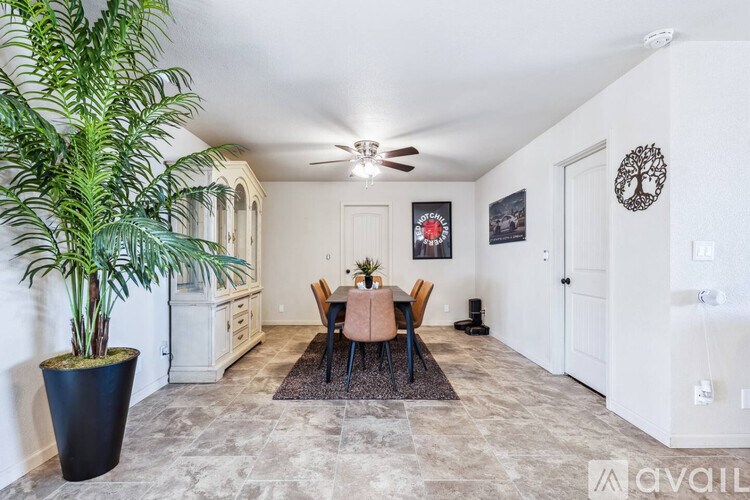 A room with a dining table and chairs, a potted plant, and a ceiling fan.