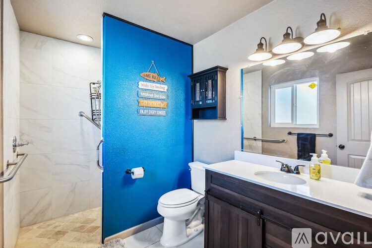 A bathroom with a blue door and a white toilet.
