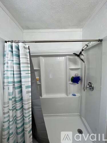 A small bathroom with a shower and a white bathtub.