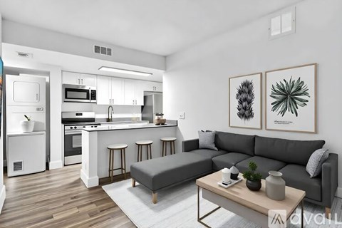 A modern kitchen with a grey sofa and two framed plants on the wall.