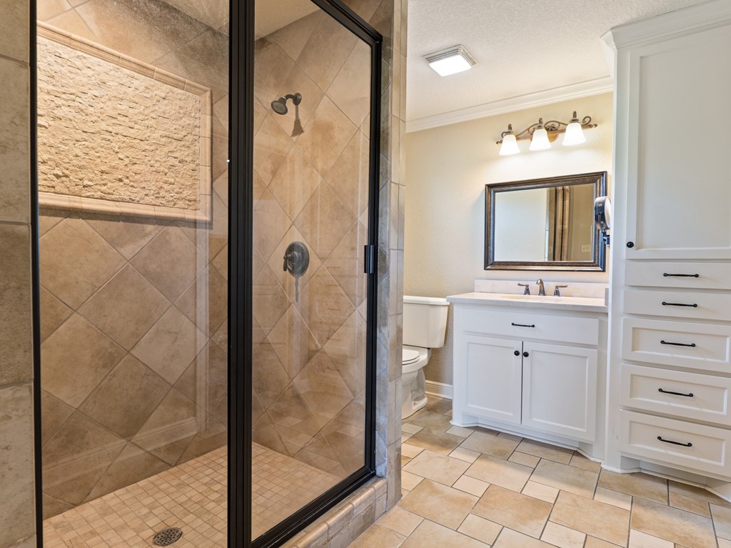 A bathroom with a walk-in shower and a sink vanity.
