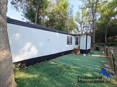 A white mobile home with a black stripe at the bottom is surrounded by trees.