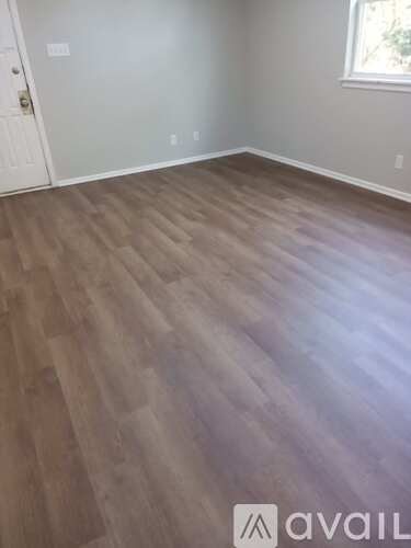 A room with wooden flooring and a white door.