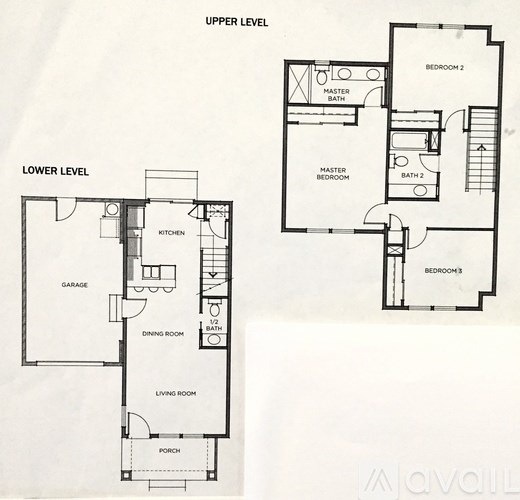 A floor plan shows the layout of a house with an upper level and a lower level.