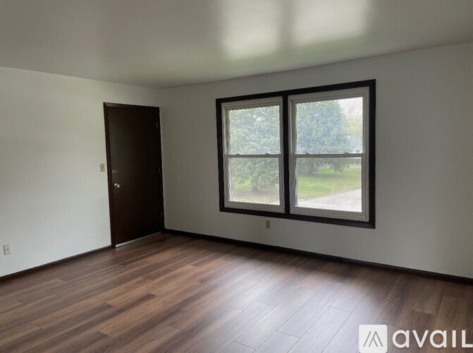 A room with a brown door and a window showing a green tree outside.
