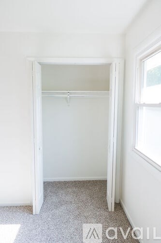 A white closet with a carpeted floor and a window.