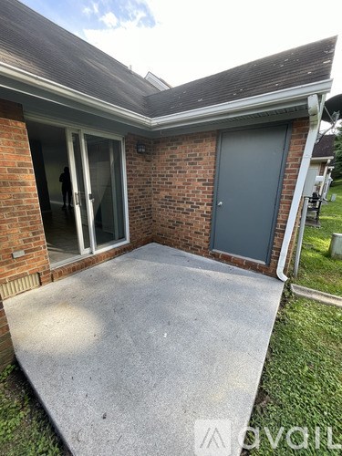 A backyard with a grey door and a grey concrete slab.