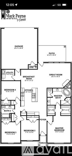 A floor plan of a house with a garage, patios, and multiple bedrooms and bathrooms.