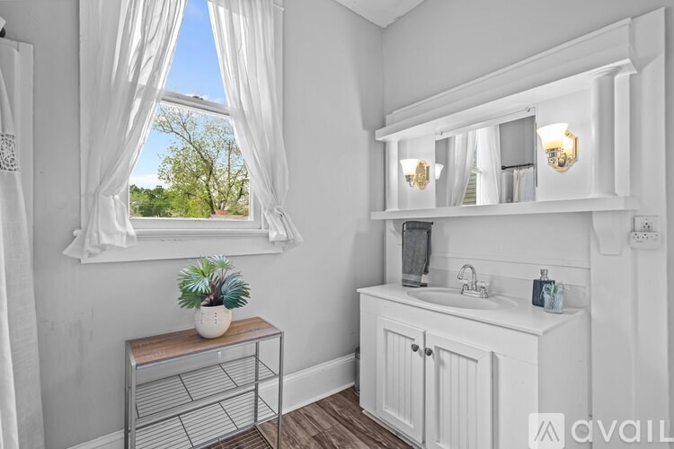 A bathroom with a white cabinet, a mirror, and a potted plant.