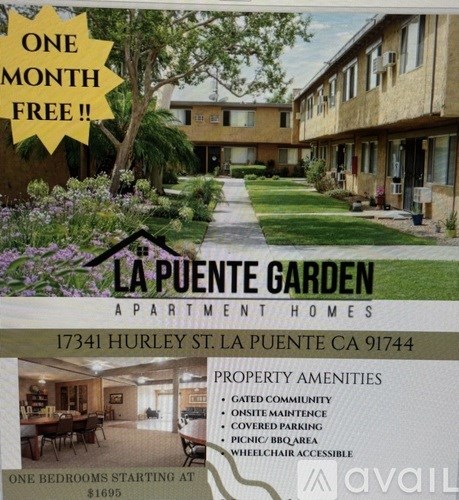 An advertisement for a one month free offer at La Puente Garden Apartment Homes.