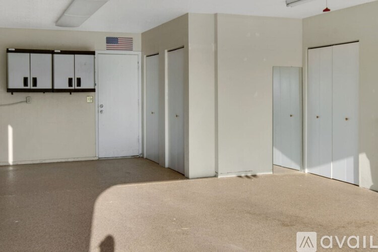 A room with a carpeted floor and a flag on the wall.