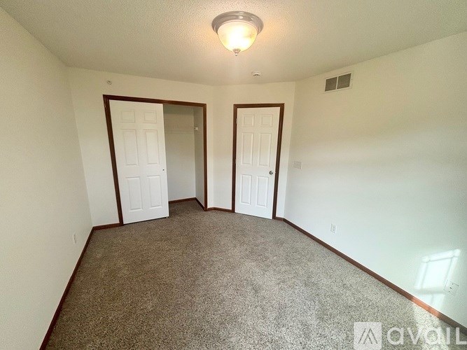A carpeted room with two doors and a ceiling light.