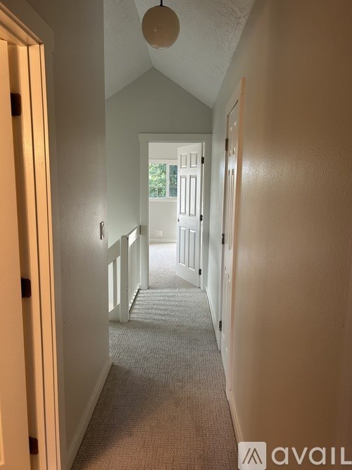 A hallway with a carpeted floor and a ceiling light.