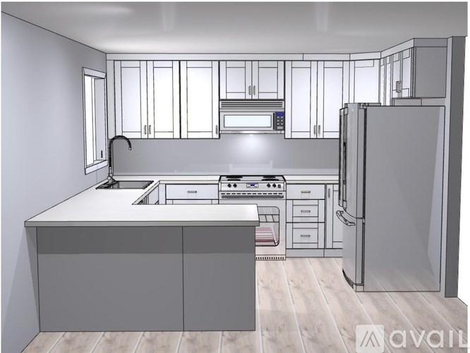 A drawing of a kitchen with a refrigerator, sink, and cabinets.