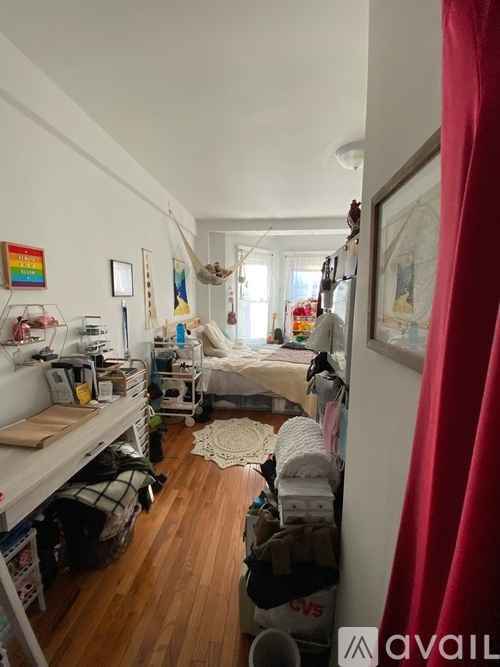 A room with a bed, desk, and a hammock.