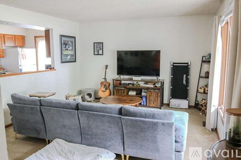 A living room with a grey couch and a television.