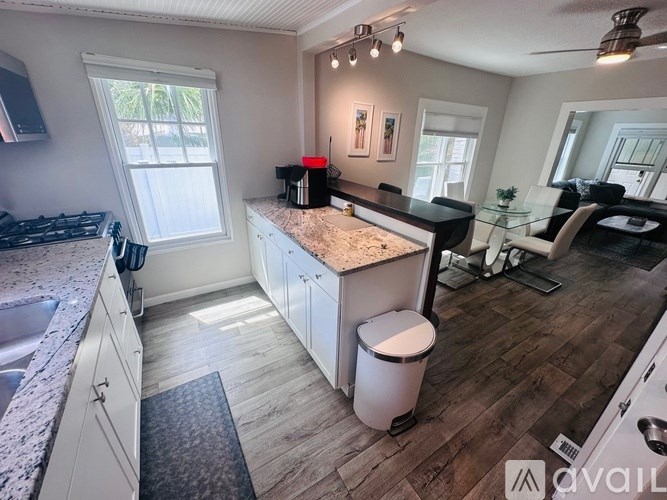 A kitchen with a granite countertop and a trash bin.