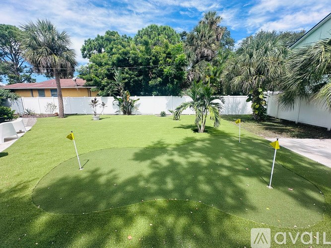 A backyard with a small putting green and two flags.