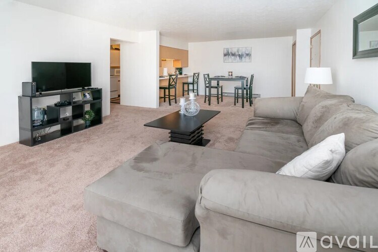 A living room with a grey couch and a black television.