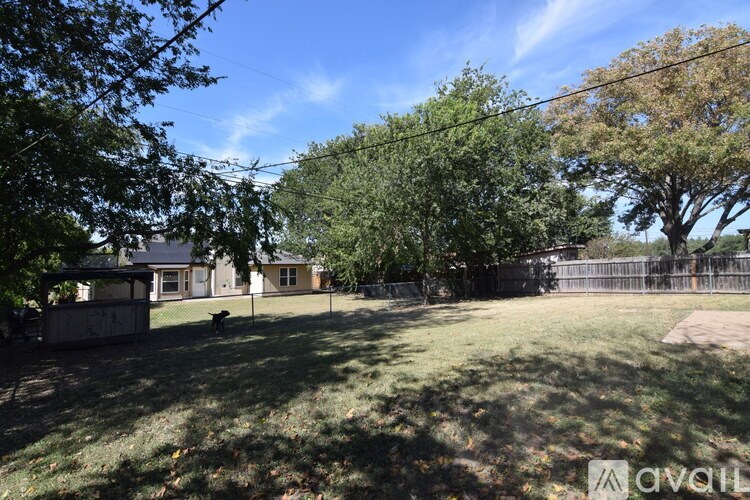 A backyard with a fence and trees.
