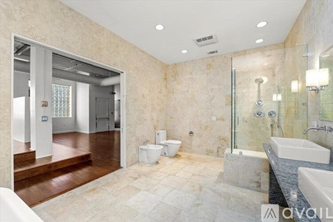 A bathroom with a walk-in shower and a toilet.