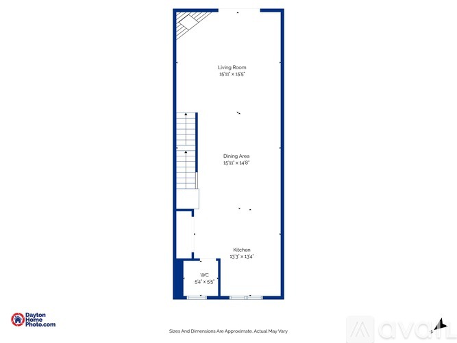 A floor plan of a house with a living room, dining area, and kitchen.