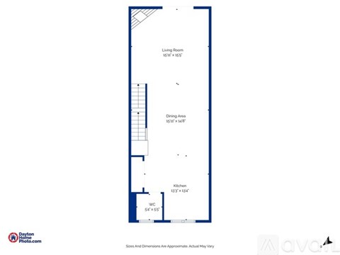 A floor plan of a house with a living room, dining area, and kitchen.